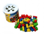 Wooden blocks for toddlers in a bucket with shape sorter