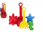 Plastik-Sandspiel-Set mit Schaufel, Harke und Förmchen im Netz