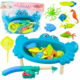 kids’ fishing set with crab table, 10 animals, rod and net – blue