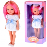 doll with long pink-blonde hair in a white dress with a blue bow 33 cm
