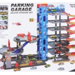 Nagy, emeletes garázs kisautókkal és heliporttal