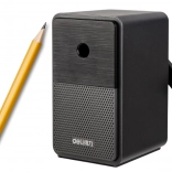 Hand-crank pencil sharpener with shavings container and adjustable point – black