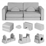 Large two-seater modular folding kids' sofa DIY with 10 soft cushions - grey ECOTOYS