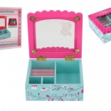 Wooden jewelry box with flowers and mirror, turquoise–pink