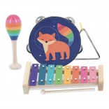 Children’s musical instrument set with animal and rainbow motifs