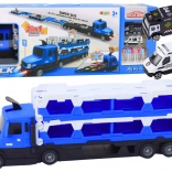 Camion porteur avec piste de course extensible 2‑en‑1, lumières et sons, voitures de police, bleu