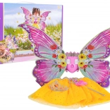kids' costume butterfly wings with lights and music with yellow tutu skirt, crown and magic wand