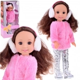 38 cm doll in a winter pink faux fur coat and white ear muffs