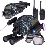Military equipment set with helmet, binoculars and walkie-talkie