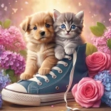 Diamond painting Hondje met katje in een laars 30x40 cm