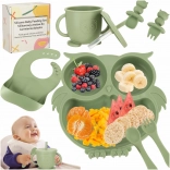 Silicone dinnerware set for kids with owl motif in army green