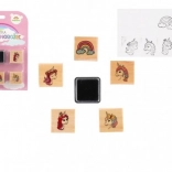 Houten stempels met inktkussen – eenhoorns en regenboog (5+1), 3 × 3 cm
