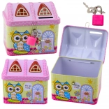 Metal Moneybox House Owl with Key Pink