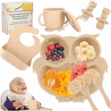 Set da tavola in silicone per bambini con motivo gufo, 8 pezzi, beige