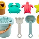 Pastel sand set with bucket, shovel, rake, sieve and molds