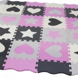 Foam puzzle mat grey–pink with hearts and stars 28 × 28 cm