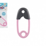 Baba csörgő biztosítótű formájában, szürke és rózsaszín