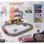 Two-story plastic garage with toy cars