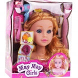 Styling head with blonde hair and accessories