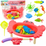 fishing table set crab – pink, 10 fish, rod and net