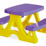 Plastic picnic table with benches, yellow‑purple