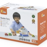 Wooden ferry with cars and crew