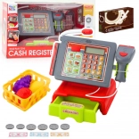 Kids’ cash register with accessories, basket and fruit – lights and sounds, red