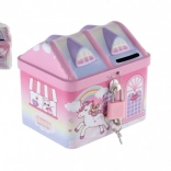 Piggy Bank House Unicorn Tin with Lock Pink